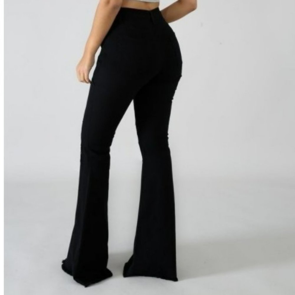 Jeans Flare leg Frayed Bell Bottoms High Waisted Stretch Curve Hugging Black - Picture 7 of 12